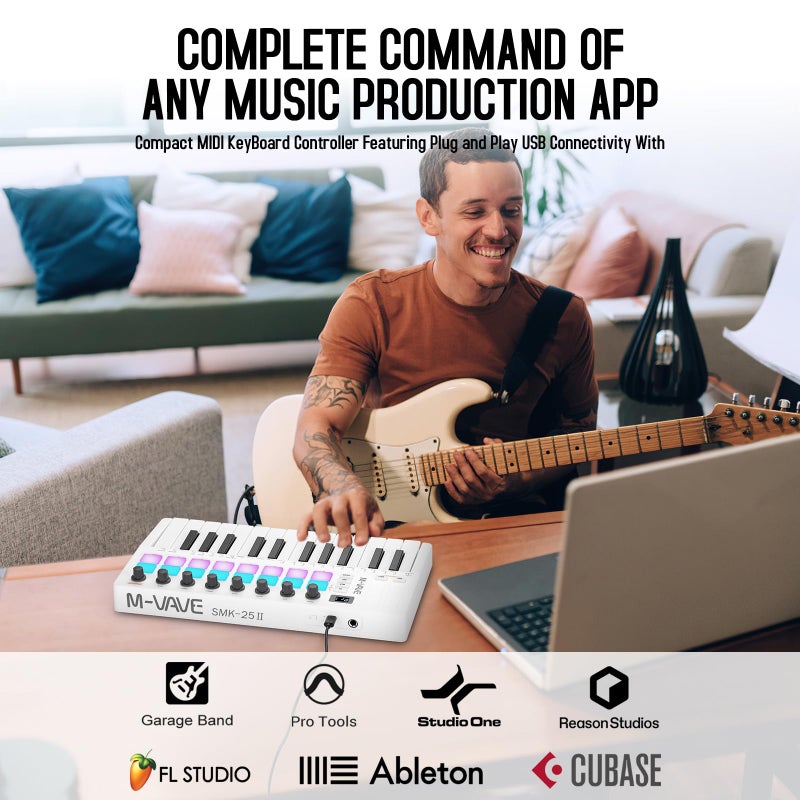 M ويف وحدة تحكم لوحة المفاتيح M-WAVE 25 مفتاح USB MIDI مع 16 وسادة طبلة بإضاءة خلفية ولوحة مفاتيح ديناميكية احترافية شبه مرجحة و8 مقابض وبرامج إنتاج الموسيقى متضمنة (16 طبلة بيضاء) - Image 2